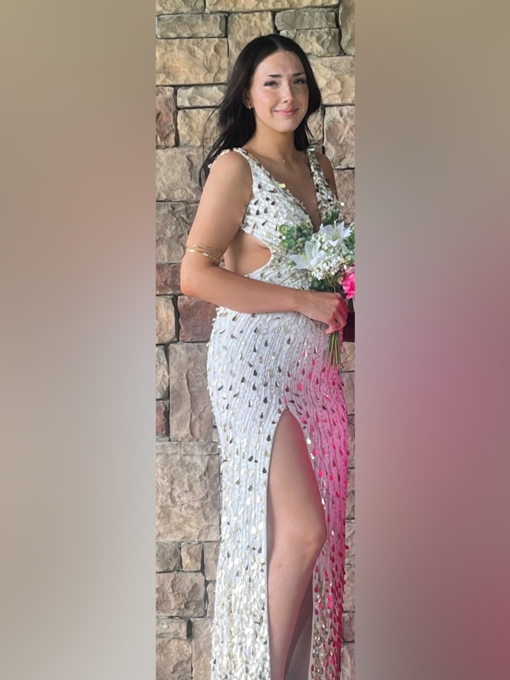 Sherri Hill White Beaded V-Neck Prom Gown with High Slit